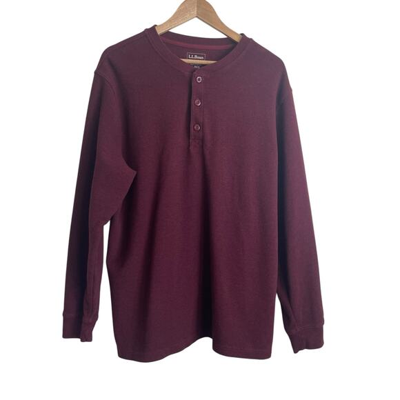 LL Bean Mens Shirt L Maroon Henley Waffle Knit Cotton Gorpcore Hike Camp Comfort - Picture 1 of 9